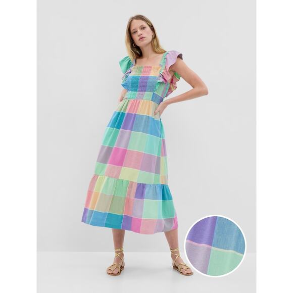NWT Gap Women's Linen-Blend Flutter Sleeve Smocked Midi Dress Size XS Petite - Picture 1 of 12